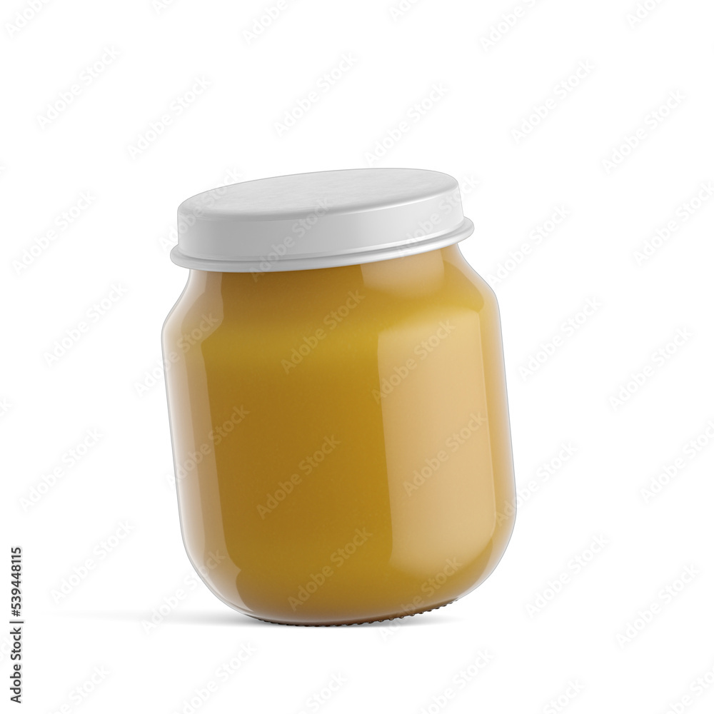 Jars of baby puree isolated on white. Render, 3d illustration. Label, mock up Jars of baby puree isolated on white. Render, 3d illustration. Label, mock up