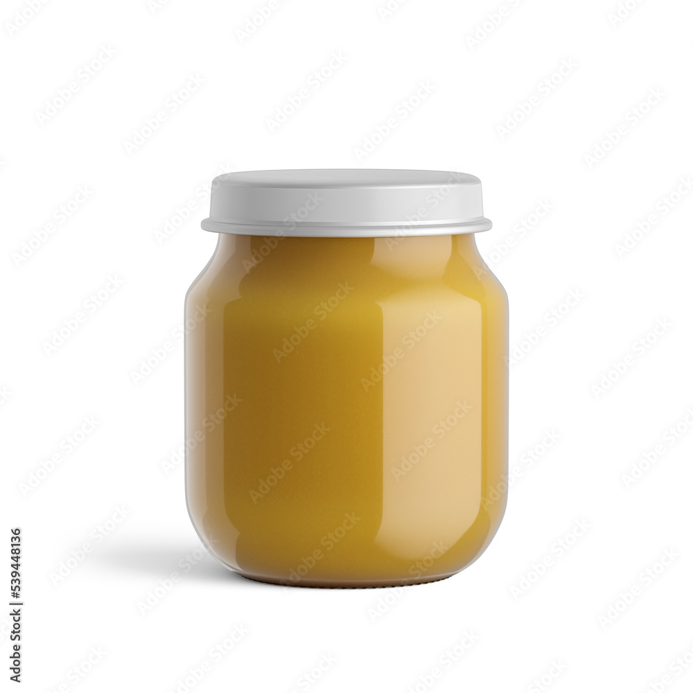 Jars of baby puree isolated on white. Render, 3d illustration. Label, mock up Jars of baby puree isolated on white. Render, 3d illustration. Label, mock up