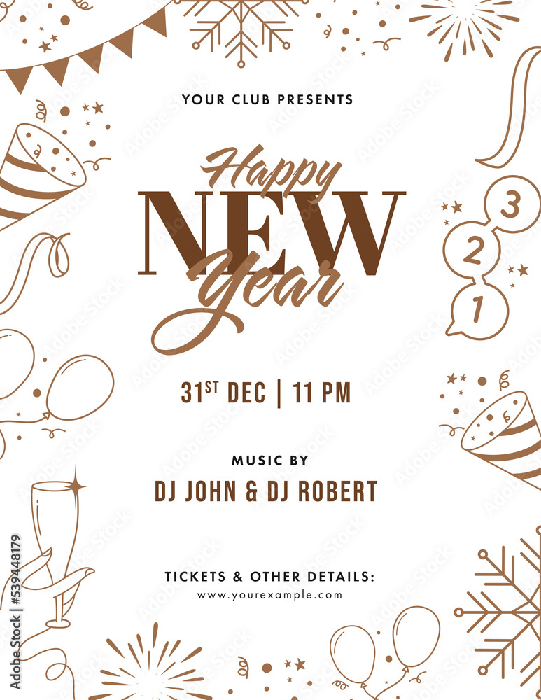 Happy New Year Invitation Card With Doodle Party Elements And Event Details.
