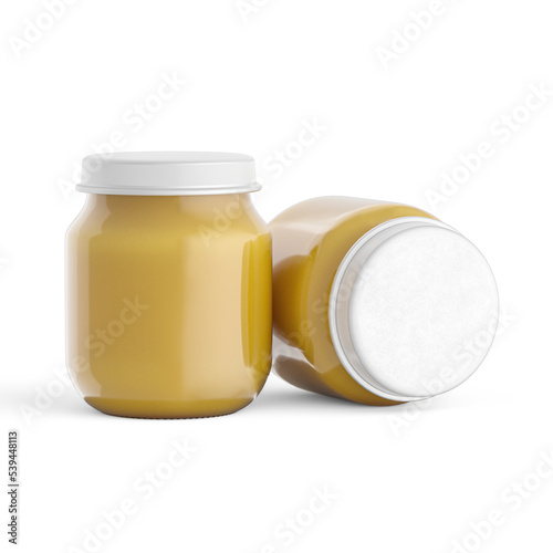 Jars of baby puree isolated on white. Render, 3d illustration. Label, mock up