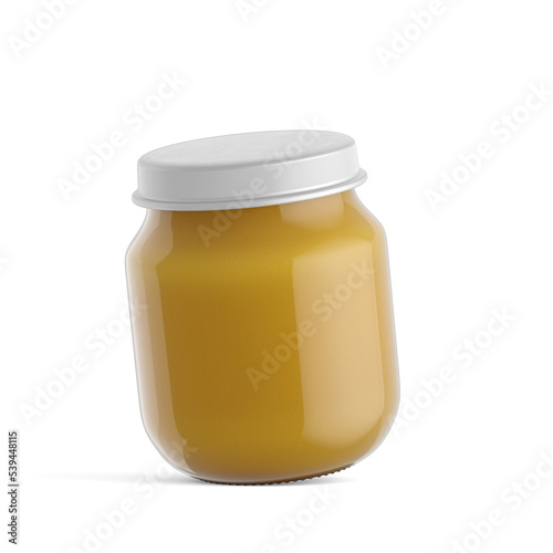 Jars of baby puree isolated on white. Render, 3d illustration. Label, mock up