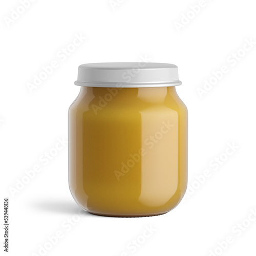 Jars of baby puree isolated on white. Render, 3d illustration. Label, mock up