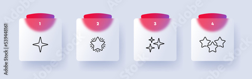 Stars set icon. Four pointed star, creativity, shine, rays, rating, rate, creative occupation, magic, space, heavenly body. Feedback concept. Glassmorphism style. Vector line icon for Business