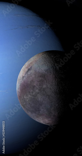 Satellite triton, moon of Neptune, orbiting around Neptune planet. 3d render photo