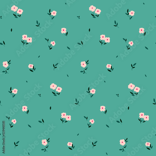 Seamless floral pattern, cute ditsy print with meadow in simple modern design. Cute flower background design with simple small flowers, leaves in abstract arrangement. Vector botanical illustration.