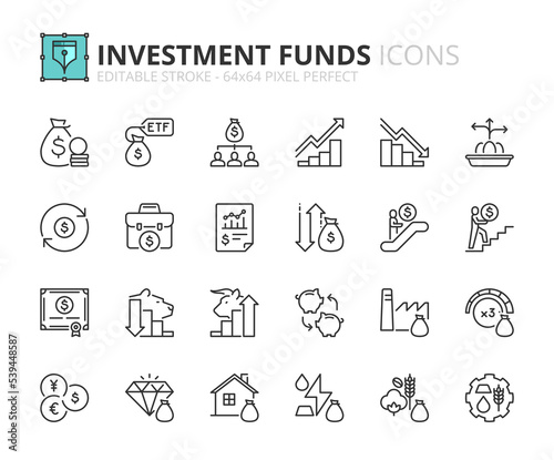 Simple set of outline icons about investment fund. Financial concept.