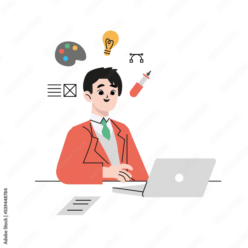 Graphic designer creating logo design using computer software sitting at desk, vector flat isometric illustration. Workspace of digital artist, illustrator, graphic design creative professional.