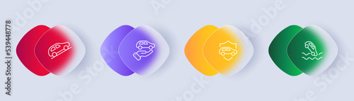 Road signs set icon. Hill, hand, shield, fall into water, cliff, warning, caution, danger, drive, drunk driving, unable to control the car. Traffic concept. Glassmorphism style. Vector line icon
