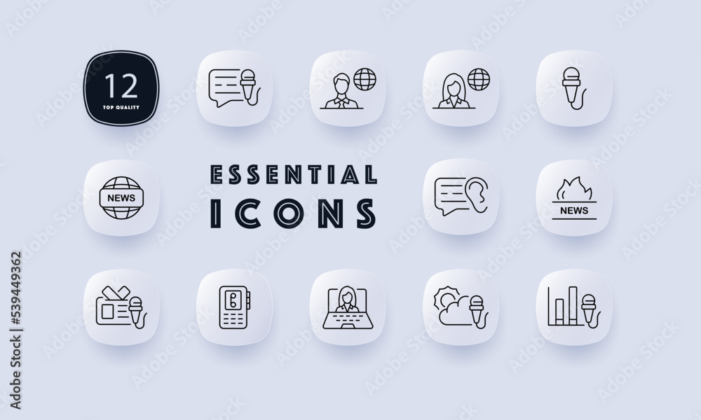News set icon. Release, speech bubble, microphone, information, TV presenter, planet, ear, fire, badge, walkie talkie, laptop, weather forecast, statistics. Service concept. Neomorphism style
