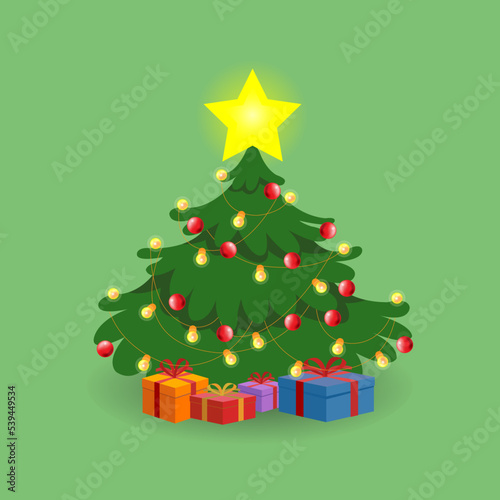 Festive Christmas tree in cartoon style vector illustration. Decorated green fir-tree with gift boxes, Xmas star, balls, candies and lights. Happy New Year concept. X-tree