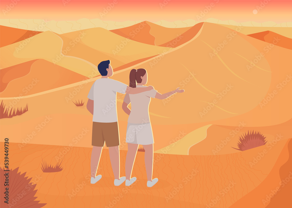 Couple surrounded by sand dunes flat color raster illustration. Winter destination. Man and woman embracing and viewing sunset 2D simple cartoon characters with desert environment on background