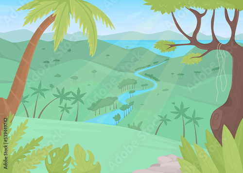 Tropical rainforest flat color raster illustration. Natural paradise. Undeveloped jungle environment. Wildlife spotting. Forested 2D simple cartoon landscape with river and lush foliage on background