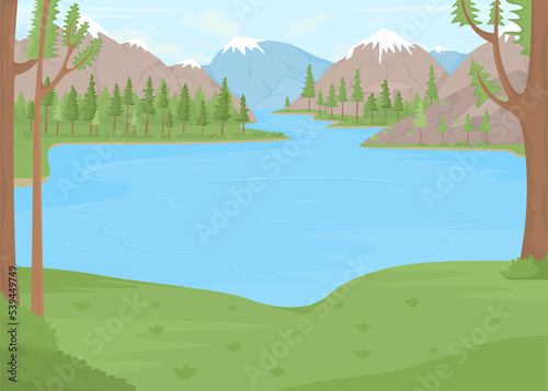 Lake surrounded by snow capped mountains flat color raster illustration. Waterfront vacation. Romantic getaway along water 2D simple cartoon landscape with green spruces on background