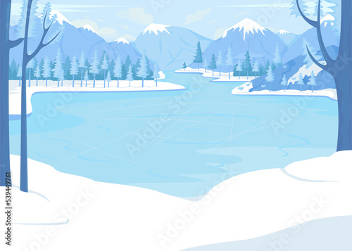 Frozen lake for skating surrounded by mountains flat color raster illustration. Winter retreat. Cold weather. Enjoying fresh snowfall. Snowy 2D simple cartoon landscape with mountains on background