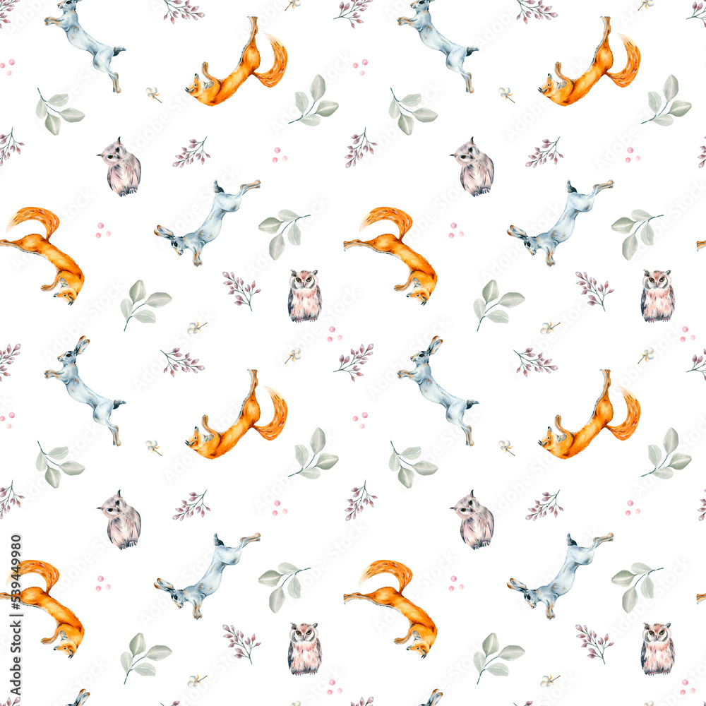 Wild animals, hare, fox, owl and plants watercolor seamless pattern isolated on white. Wild animals, hare, fox, owl and plants watercolor seamless pattern isolated on white.