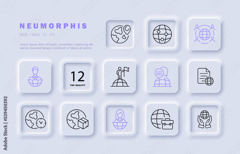 Worldwide work set icon. Planet, location pointer, employee, briefcase, clock, flag, achievement, delivery, aspirations. Business concept. Neomorphism. Vector line icon for Business and Advertising