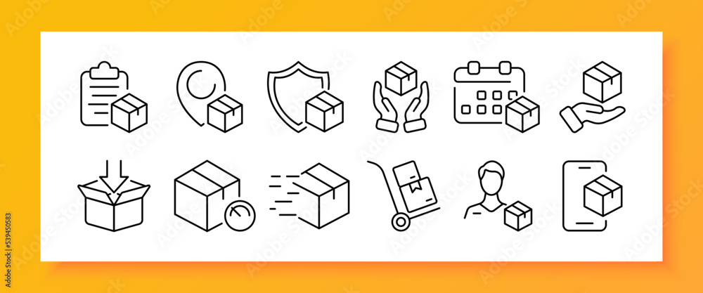 Delivery service set icon. Documents, shipping, location pointer, shield, hand, calendar, date, hand, courier, cart, phone, track the parcel. Logistics concept. Vector line icon for Business Delivery service set icon. Documents, shipping, location pointer, shield, hand, calendar, date, hand, courier, cart, phone, track the parcel. Logistics concept. Vector line icon for Business