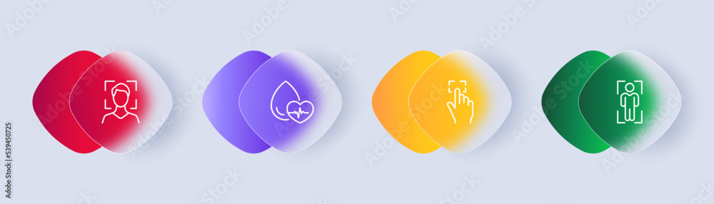 Biometry set icon. Privacy, private data, security system, face id, water drop, heartbeat, pulse, fingerprint scanner, dna. Biometrics concept. Glassmorphism style. Vector line icon for Business Biometry set icon. Privacy, private data, security system, face id, water drop, heartbeat, pulse, fingerprint scanner, dna. Biometrics concept. Glassmorphism style. Vector line icon for Business