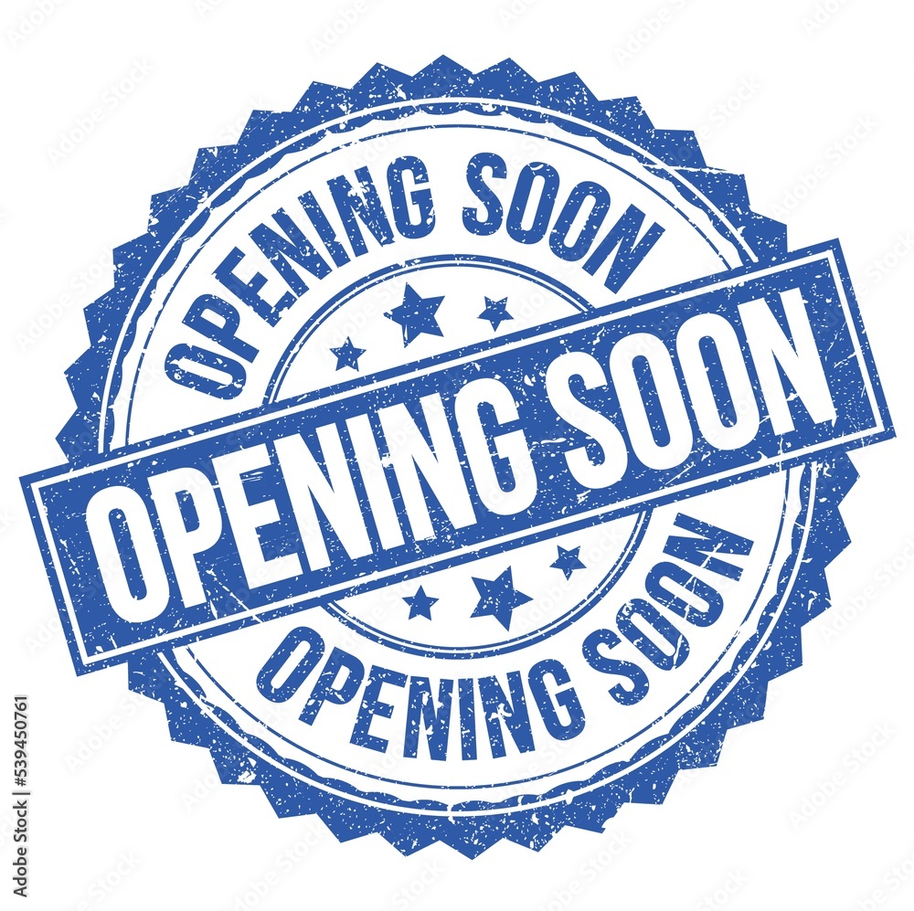 OPENING SOON text on blue round stamp sign