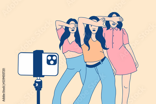Illustrations Group of Beautiful influencer girl happy recording dancing video with smartphone for tiktok challenge