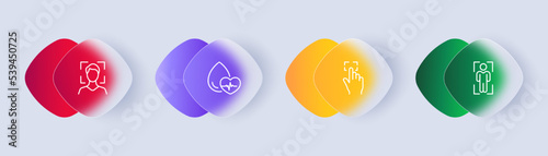 Biometry set icon. Privacy, private data, security system, face id, water drop, heartbeat, pulse, fingerprint scanner, dna. Biometrics concept. Glassmorphism style. Vector line icon for Business