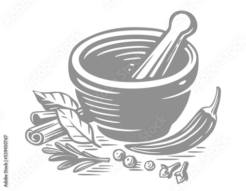 Mortar and spices with Pestle Sketch.