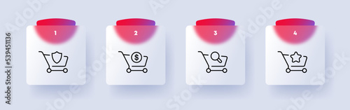 Shopping carts with website buttons set icon. Star, buy, purchase,order, delivery service, shield, magnifier, dollar, search. Sale concept. Glassmorphism. Vector line icon for Business and Advertising