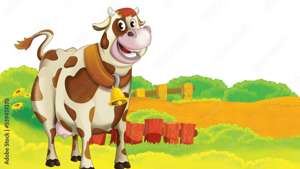 cartoon farm scene with cow illustration for children cartoon farm scene with cow illustration for children