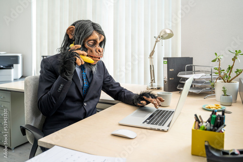 Monkey Business Man talking with Banana Phone