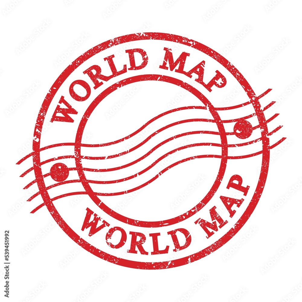 WORLD MAP, text written on red postal stamp. WORLD MAP, text written on red postal stamp.