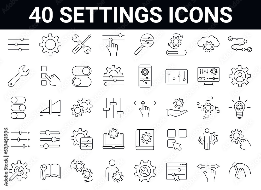 Set of 40 Setup, Settings, Optimization Vector Line Icons.  Editable Stroke. 