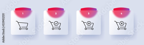 Shopping carts with website buttons set icon. Tick, checkmark, plus, cross, add, remove, delete, online store, buy, purchase. Sale concept. Glassmorphism style. Vector line icon for Business