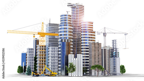 3D rendering of skyscrapers and construction vehicles