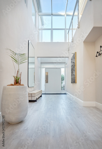 Modern, white home showcase interior corridor