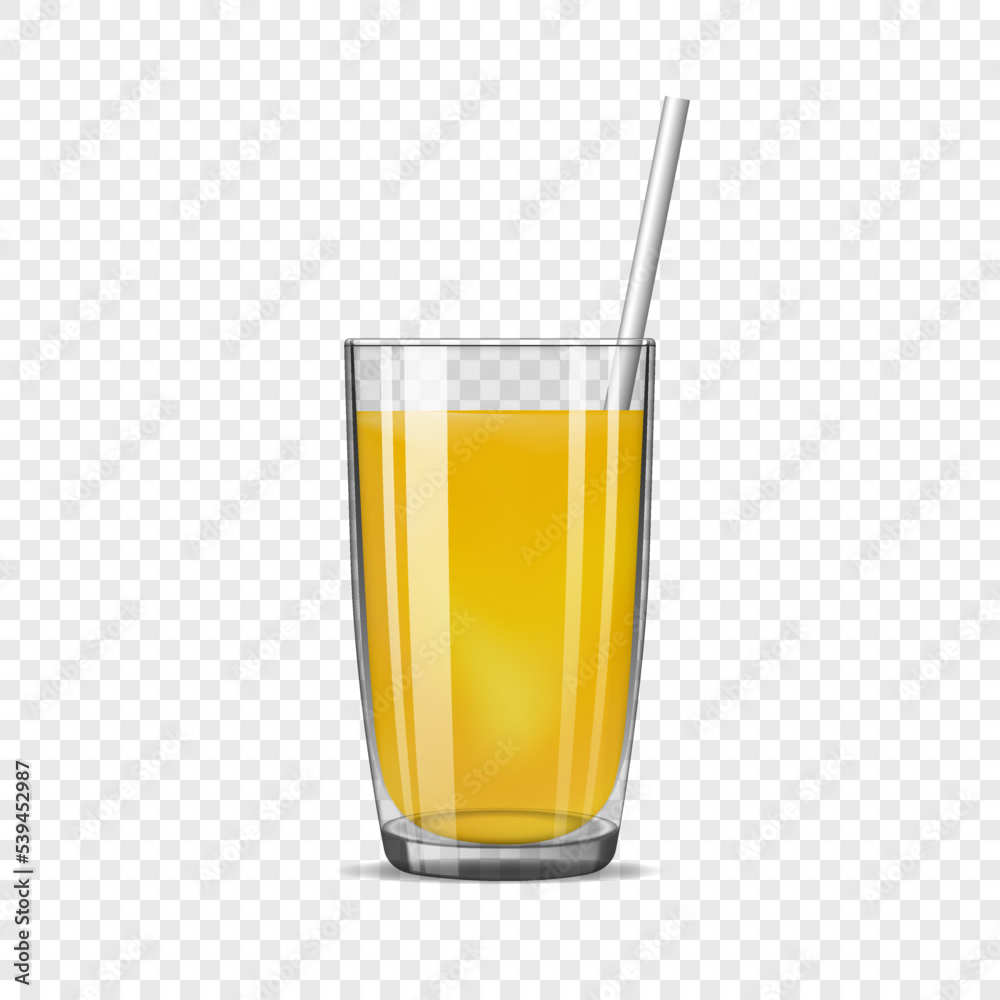 A glass of juice. Vetkornaya illustration. Realistic glass tumbler with liquid. Transparent glass. 3D vector juice glass on transparent background. Glassware. Fruit juice. Cocktail