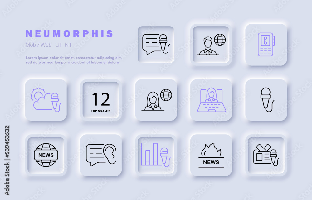 News set icon. TV presenter, release, fire, walkie talkie, laptop, ear, information, weather forecast, microphone, statistics, planet, badge, speech bubble, hosted. service concept. Neumorphism style.