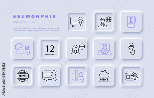 News set icon. TV presenter, release, fire, walkie talkie, laptop, ear, information, weather forecast, microphone, statistics, planet, badge, speech bubble, hosted. service concept. Neumorphism style.