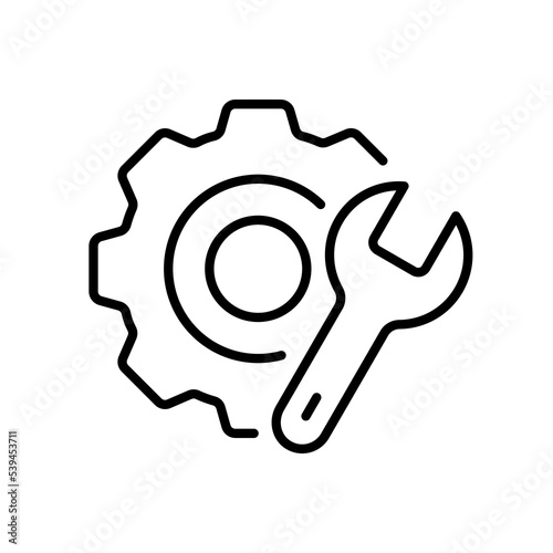 Gear and wrench line icon. Construction, building, architecture, engineering, project, fix, repair, engineer, builder, service, help, tire fitting. Techology concept. Vector line icon for Business