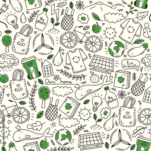 Vector seamless pattern with simple ecology doodles. Alternative energy, nature protection, water and air pollution, trash recycle, green technology background in child sketch style