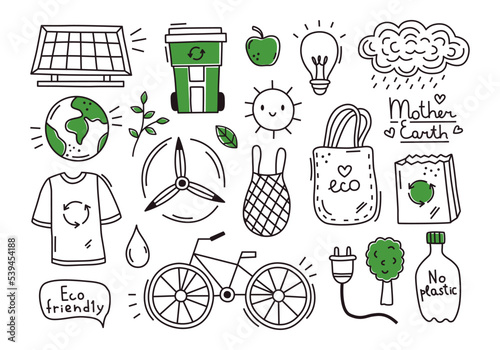 Vector set of simple ecology doodles. Alternative energy, nature protection, water and air pollution, trash recycle, green technology illustrated in child sketch style. Cute outline eco drawings