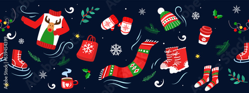 Winter cozy pattern banner with warm clothes and festive elements. Hygge vibe with mittens, socks, sweater and shoes.
