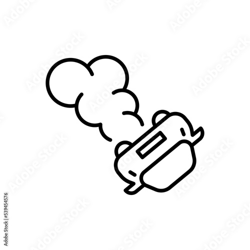 Dent on the car with smoke line icon. Car accident, drive, unable to control, warning sign, collision, collide, crash into wall, driver, service, fix, repair. Road traffic concept. Vector line icon