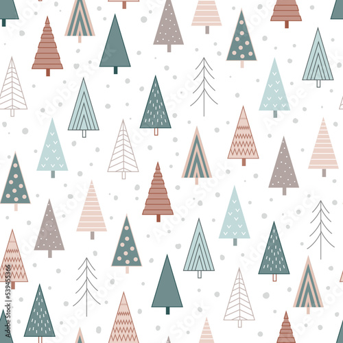 Stylish seamless Christmas background with doodle abstract Xmas trees in geometric shape. Cute pastel palette