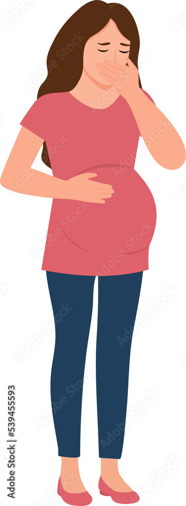 Nausea during pregnancy, vomiting. The pregnant woman suffers from nausea. Poisoning,Abdominal pain.Isolated flat vector illustration Nausea during pregnancy, vomiting. The pregnant woman suffers from nausea. Poisoning,Abdominal pain.Isolated flat vector illustration