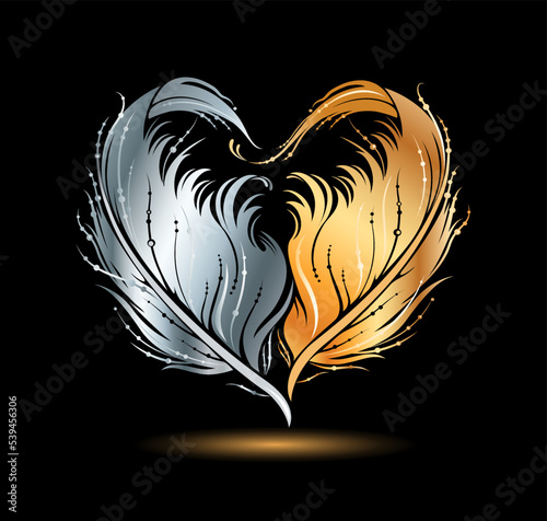 Heart shape made by golden and silver bird feather silhouette. Ornate vector illustration for emblem, icon, greeting card, love concept,  beauty, fashion decoration. Design element on black background