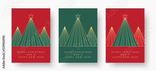 Christmas Card Design Templates. Set of Elegant Christmas Greeting Card Designs with Geometric Christmas Tree Scene Illustration. Luxury Style Vector Template for Festive Cards, Postcard, Invitation