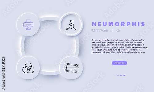 Photo set icon. Printer, portrait, filters, correction, frames, cropping, effects, printer, art, brush, gallery etc. Photography concept. Neomorphism style. Vector line icon for Business