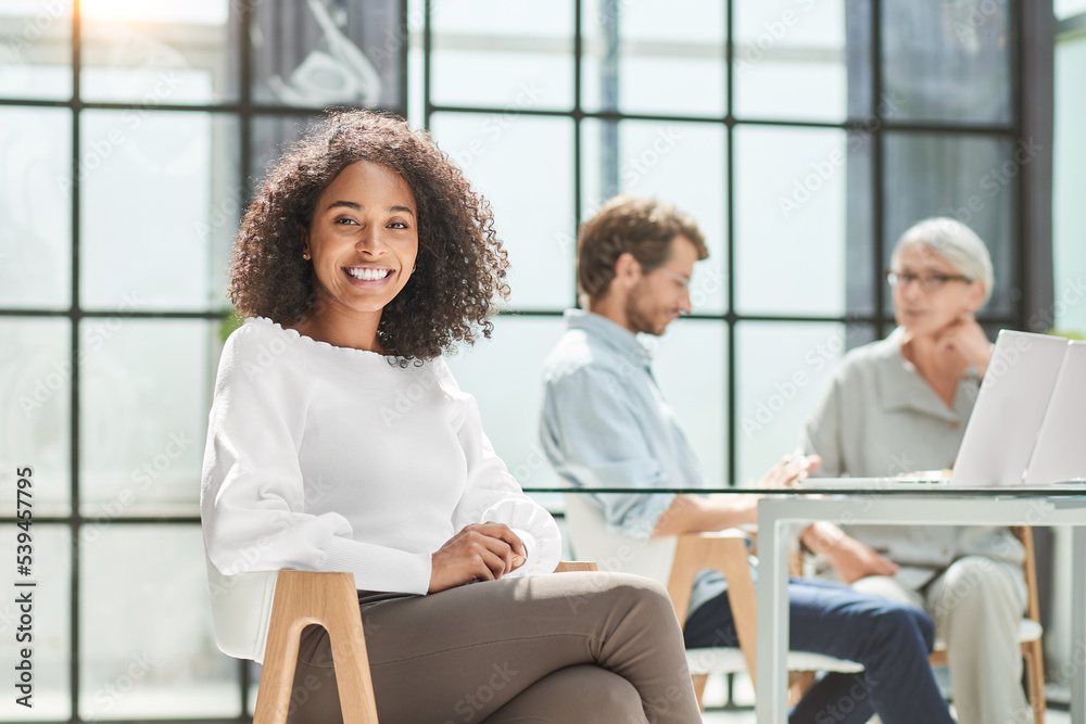 smiling business woman sitting in her office. smiling business woman sitting in her office.