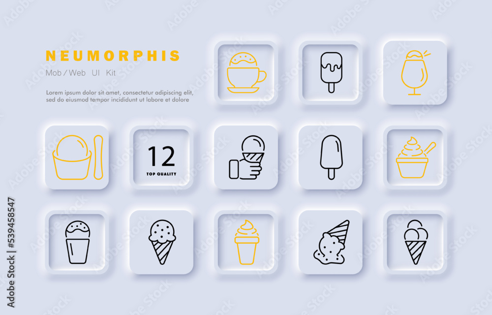 Ice cream in a cone set icon. Street food, summer, dessert, sweet, cold, frozen, tasty. Eating concept. Neomorphism style. Vector line icon for Business and Advertising Ice cream in a cone set icon. Street food, summer, dessert, sweet, cold, frozen, tasty. Eating concept. Neomorphism style. Vector line icon for Business and Advertising
