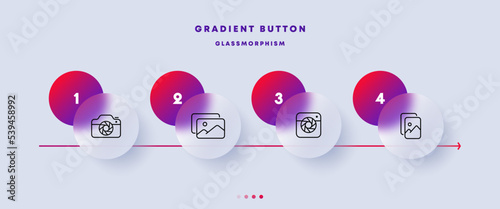 Photo cameras set icon. Take pictures, image, photographer, digital, celluloid, film, data storage. Technology concept. Glassmorphism style. Vector line icon for Business and Advertising